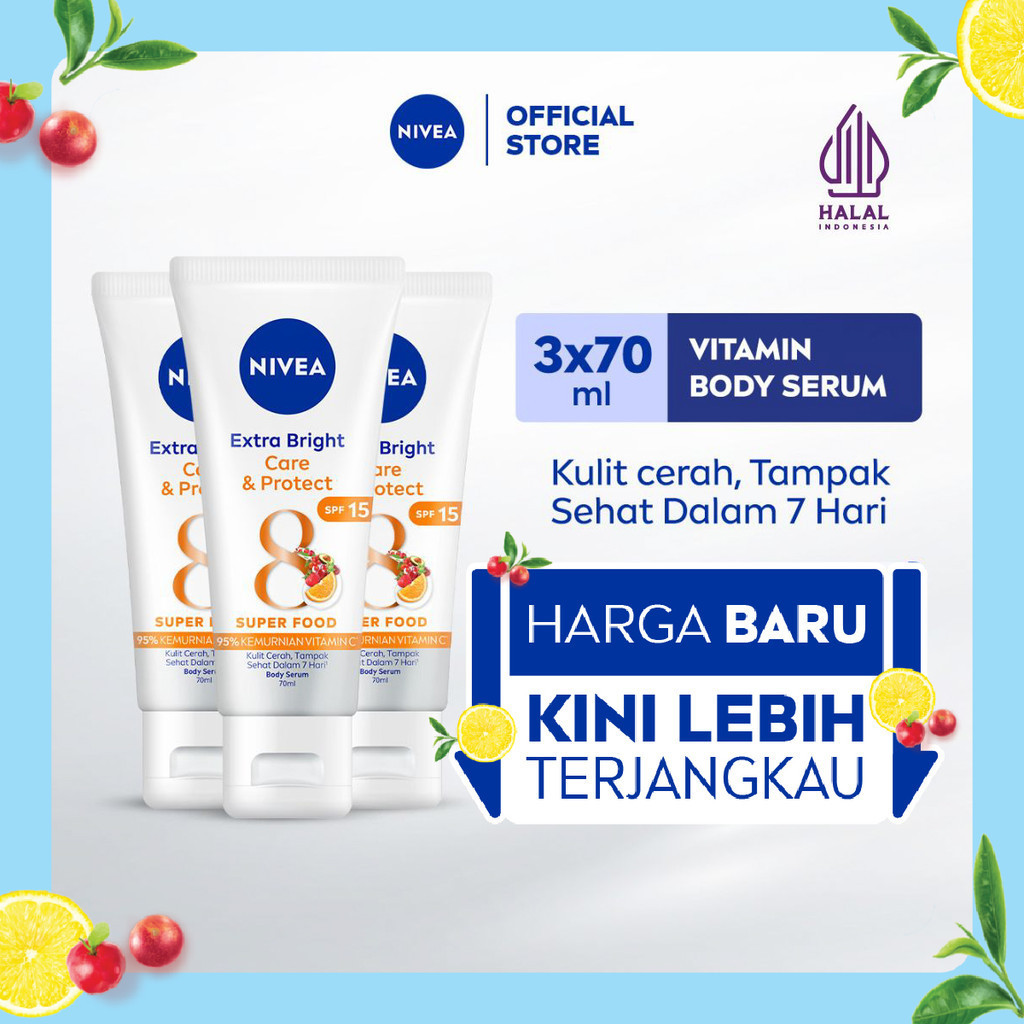 Product image (PAKET HEMAT ISI 3) NIVEA Body Serum Extra Bright Care & Protect SPF 15 70ml - Hand body serum lotion moisturizer mencerahkan kulit kusam badan glowing brightening tone up melembabkan kering SPF UV matahari - 95% Vitamin C, Grapeseed Oil, 8 Super food