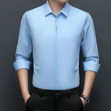 Kemeja Bisnis Premium Pria Lengan Panjang Kancing Tersembunyi Kasual Warna Solid Kemeja Non