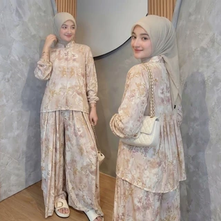 Dara One Set Blouse Tangan Karet dan  Kulot Rayon Wanita Nyaman Cantik Kekinian Busui Friendly