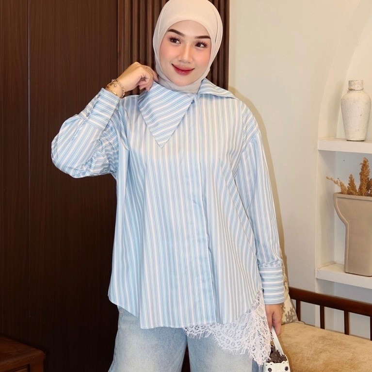 Butikchlaris - Leya Stripe Shirt Kemeja Wanita Oversized Salur Garis foto 5