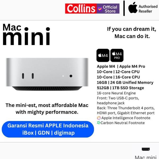 Jual APPLE MAC MINI M4 / M4 PRO 2024 16GB/24GB RAM 256GB/512GB SSD 10/ ...