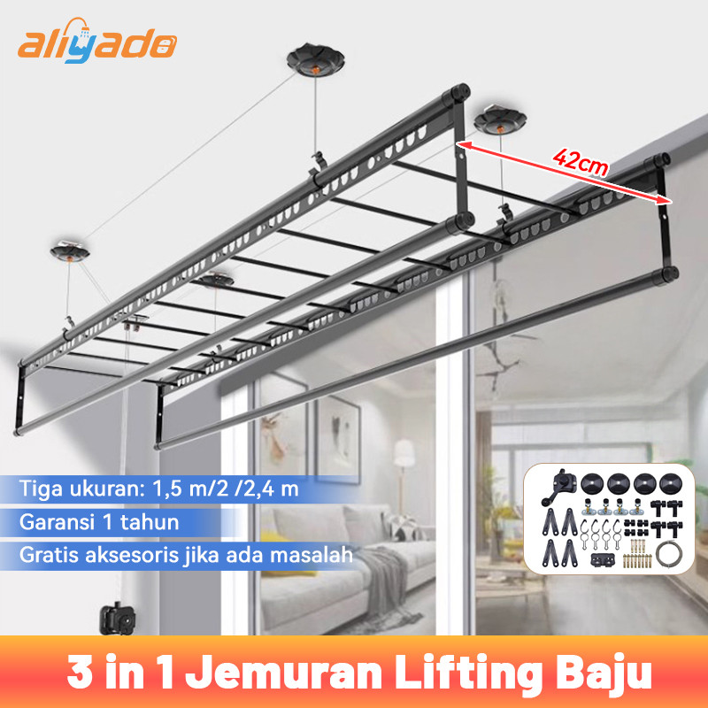 [Ada aksesoris] Aliyado Jemuran Baju Gantung Lifting Alumunium 1.5M/2M/2.4M double Pole Quilt with Small Bars 3 in 1 Jemuran Gantung Plafon Atap Pakaian dan Selimut Lifting Laundry Clothes Drying Rack bagus