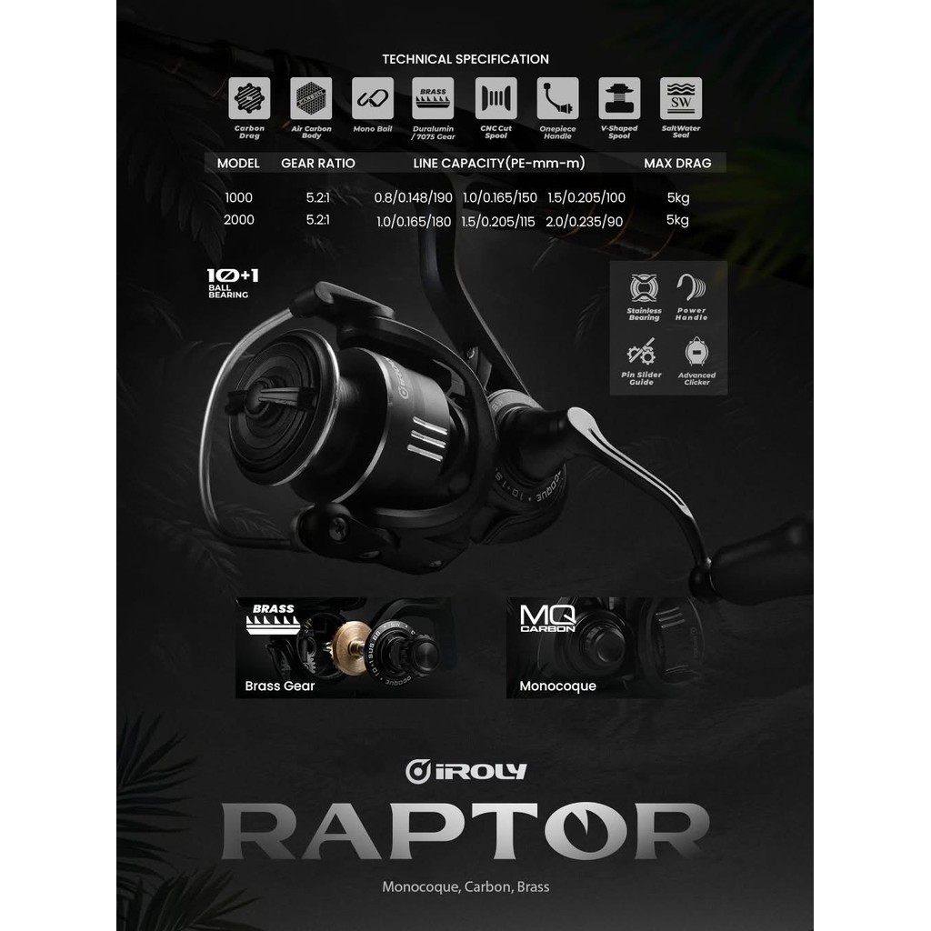 Jual REEL SPINNING IROLY RAPTOR SW 1000 2000 POWER HANDLE MONOCOQUE ...