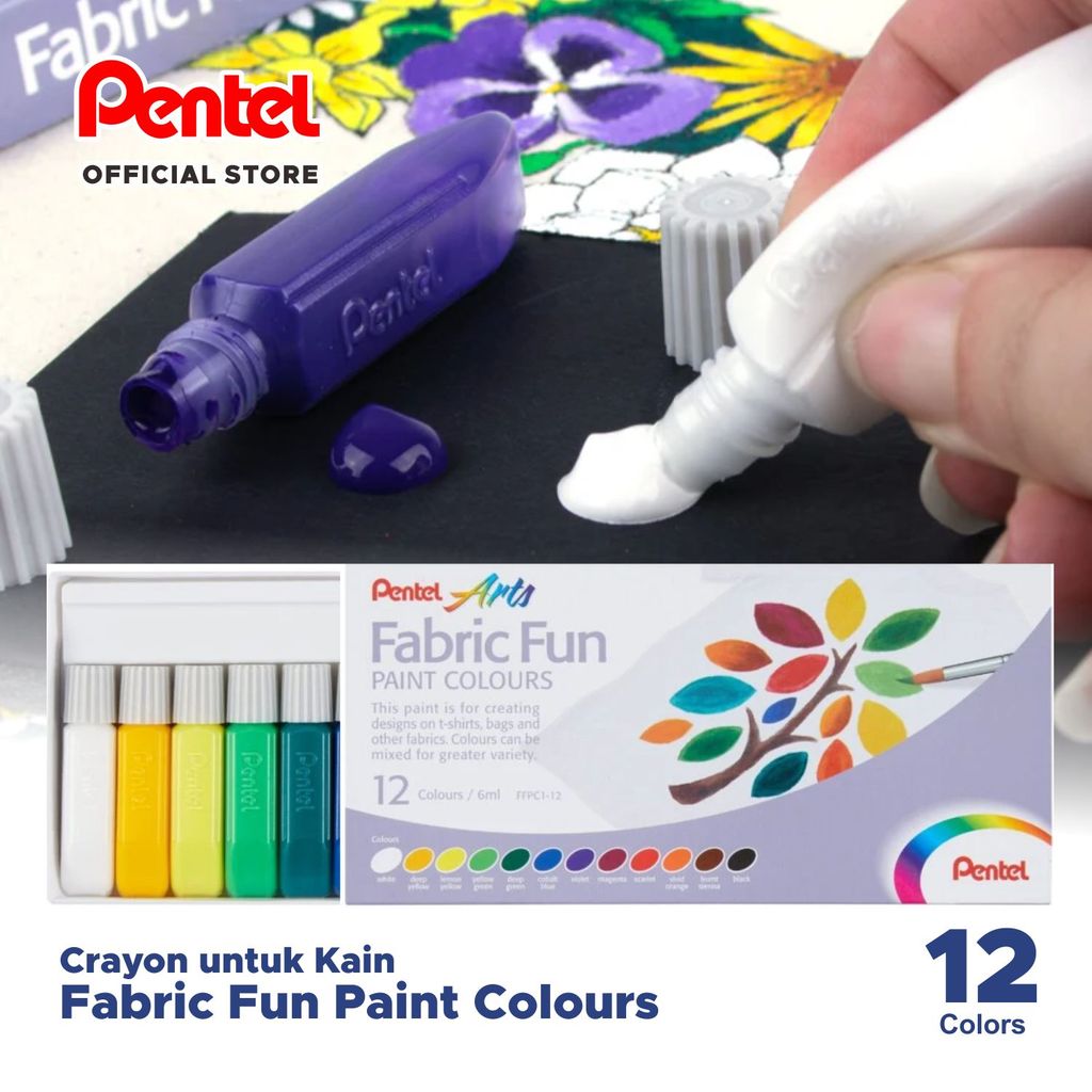 Jual Fabric Fun Paint Colours (12-Warna) Pentel – Cat Kain Tahan Air ...
