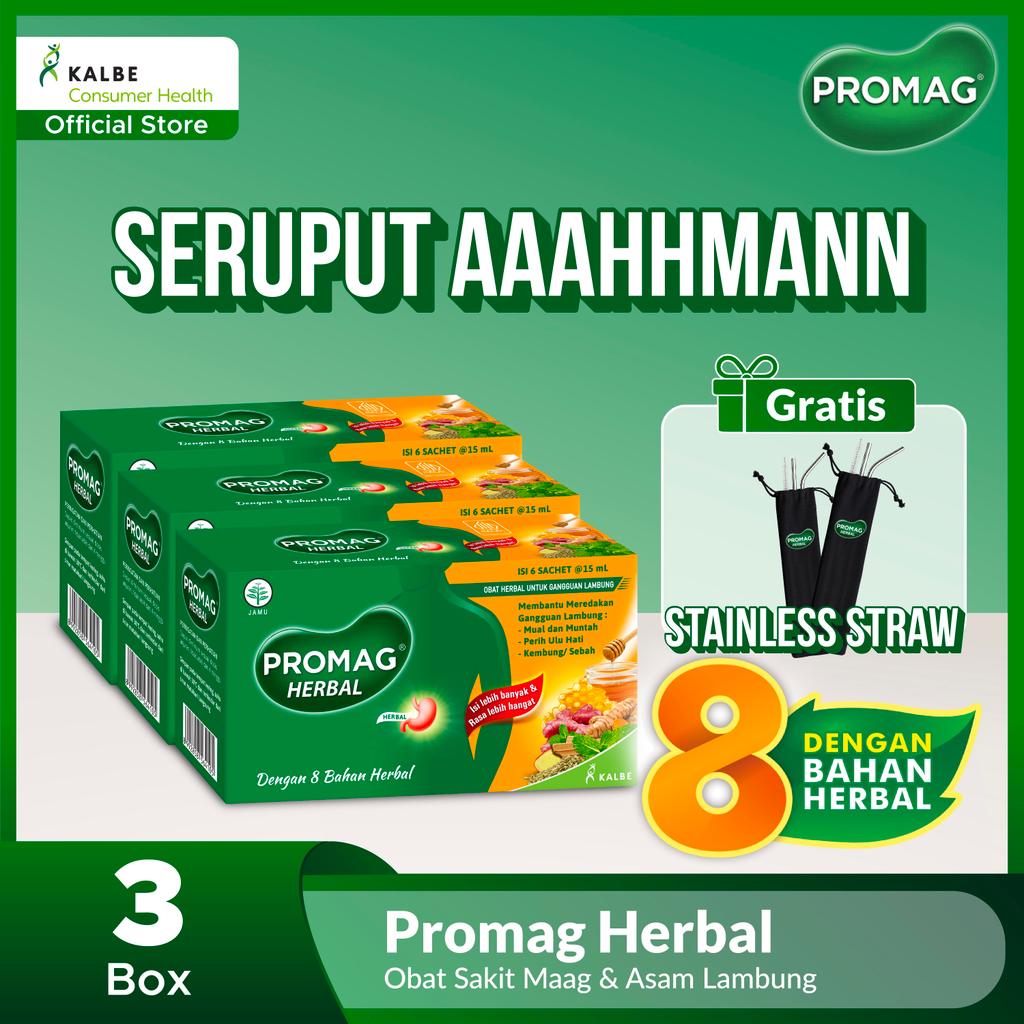 Promag Herbal Untuk Gangguan Lambung isi 6 sachet [3 Box] | FREE STAINLESS STEEL STRAW