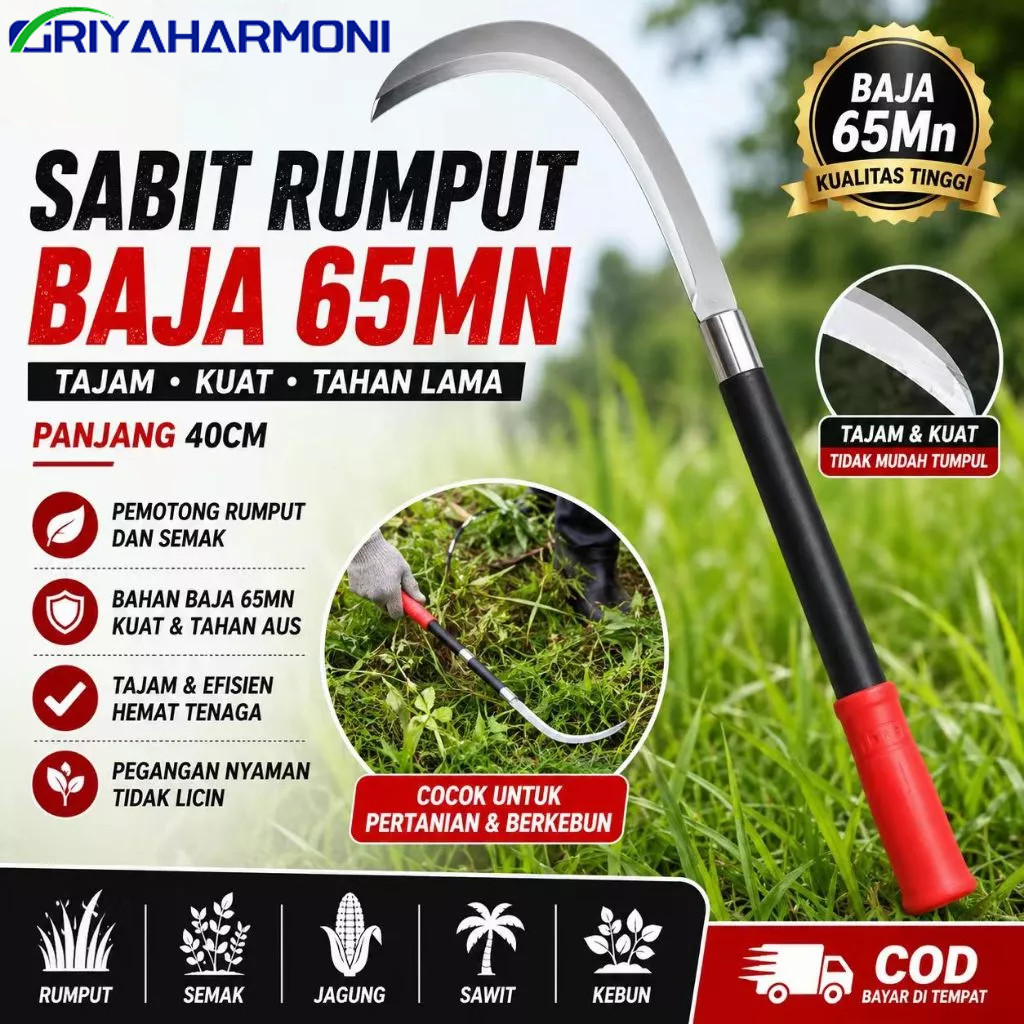 Sabit Rumput Baja 65MM 40cm Celurit Panen Gulma Pemotong Rumput Alat Pertanian Tahan Tajam Anti Karat