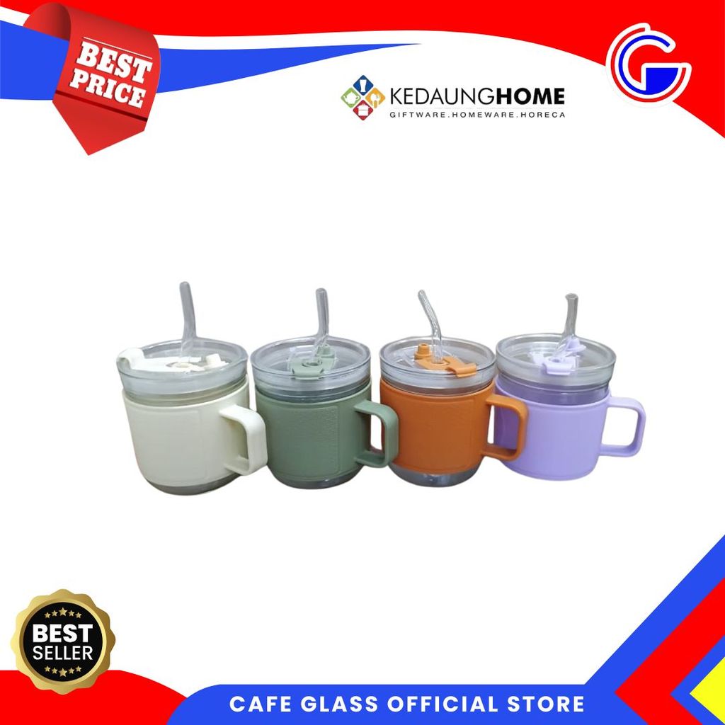 Botol Kaca Plus Sedotan-Gelas Gagang Warna-BRY-HA1736 TUMBLER KACA+SEDOTAN KACA-Cangkir Kaca