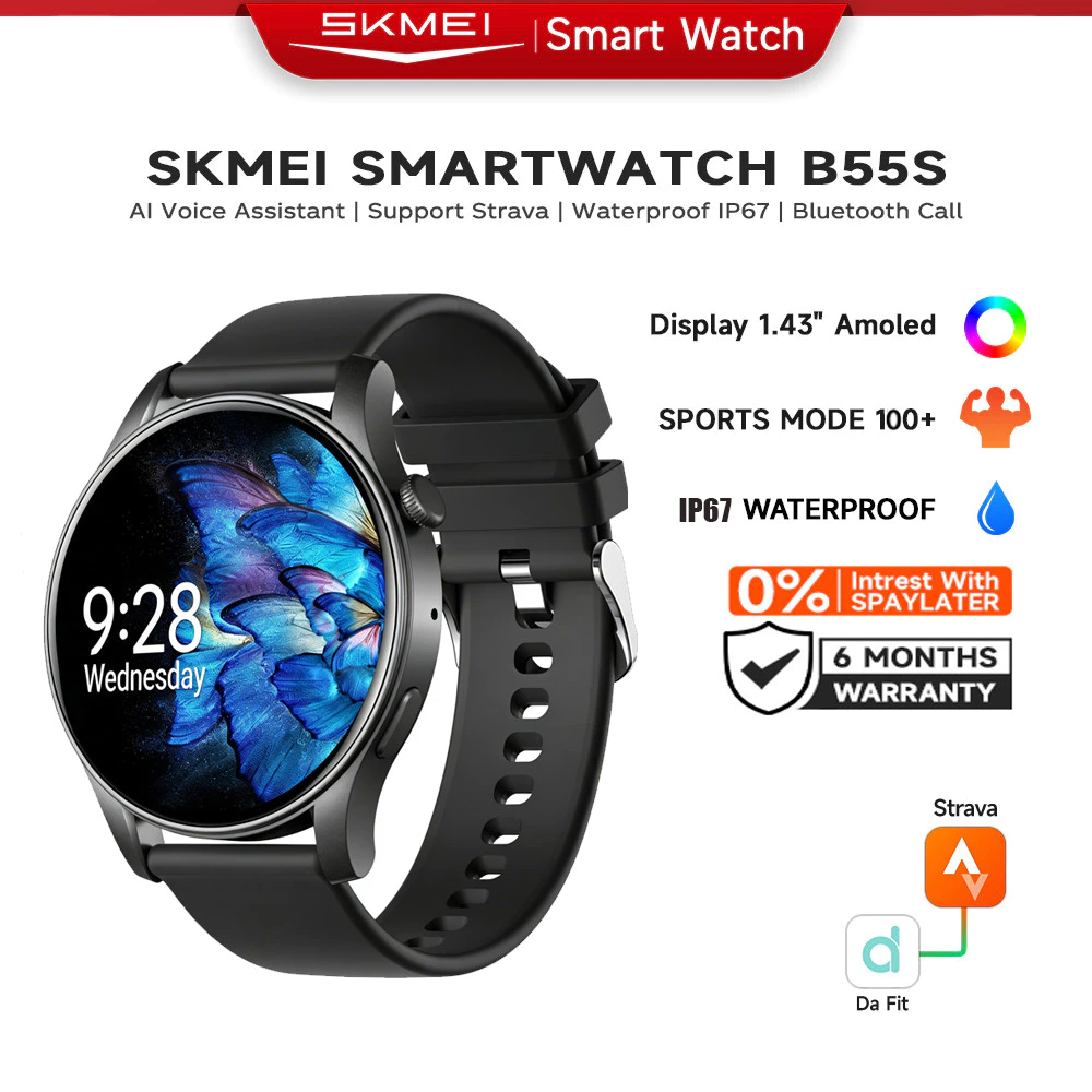 Skmei B55s Smartwatch IP67 Waterproof Support Strava Jam Tangan Pria Layar AMOLED 1.43 inch Bluetooth Call/Health Monitoring/Custom Wallpaper