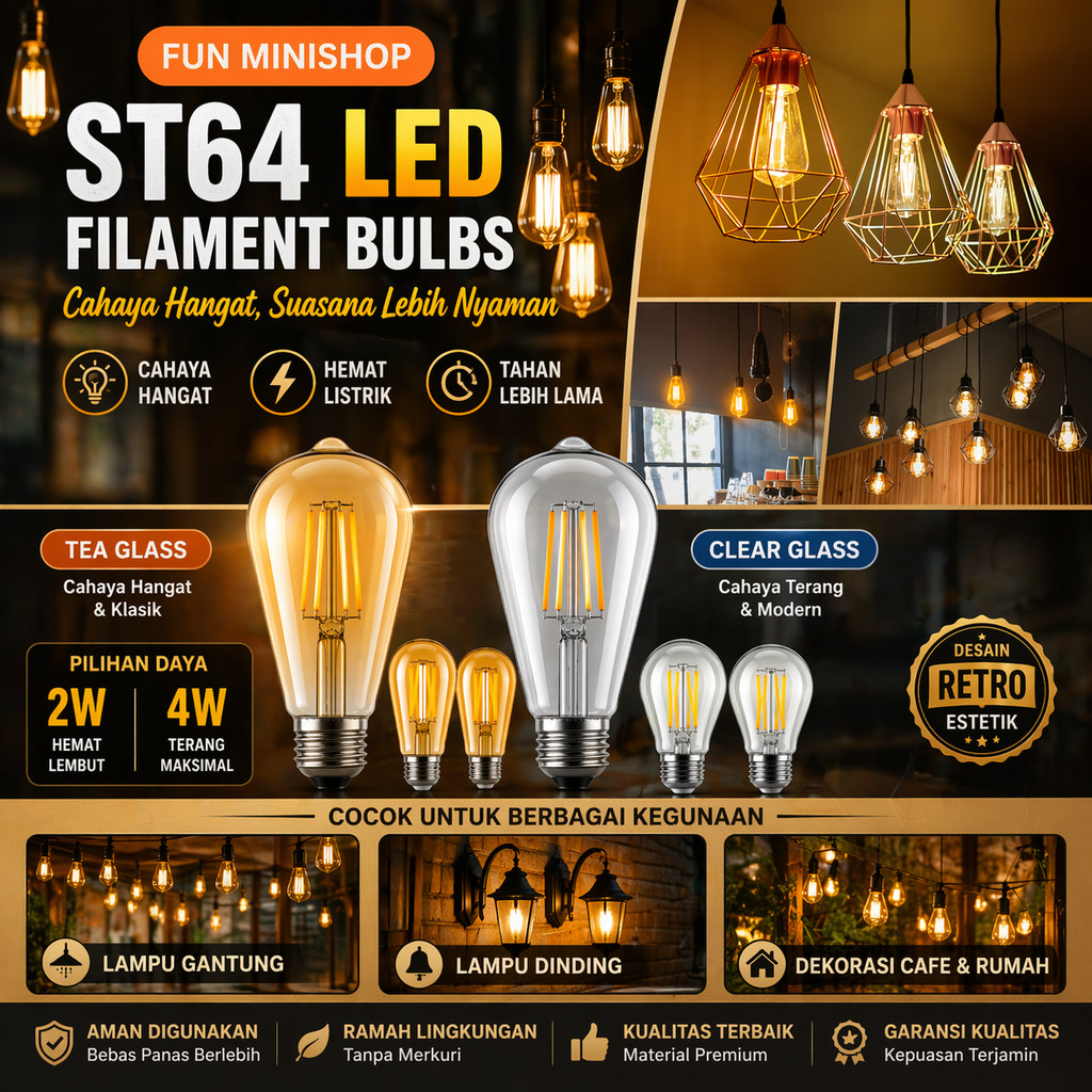 Jual LAMPU FILAMEN EDISON LED 2W 4W BOHLAM CAFE LAMPU ST64 G45 CAHAYA ...