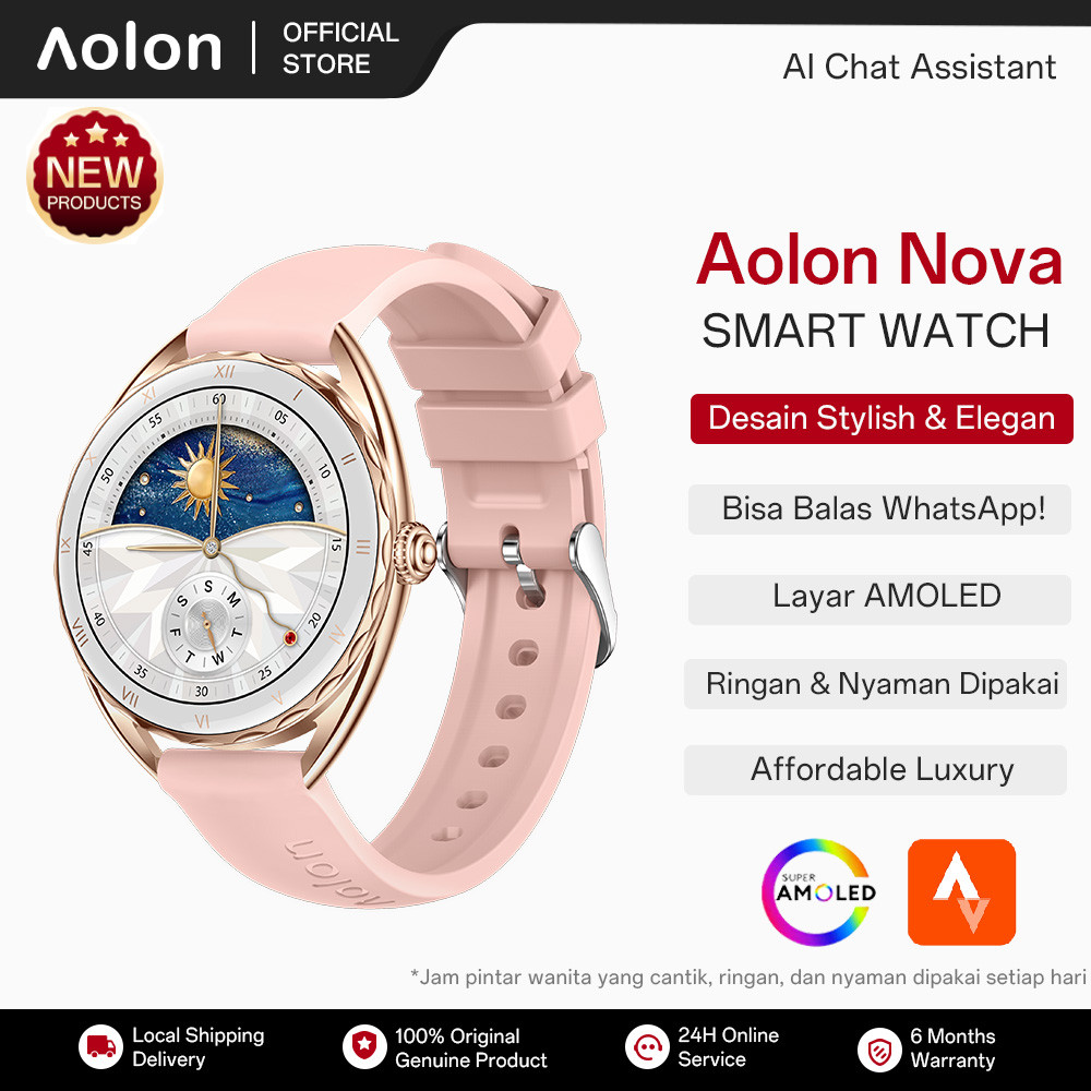 [Hadiah Spesial]Aolon Nova AMOLED Smartwatch Wanita 1.32” Berdiameter 42mm Stylish Luxury Bisa Chat WA & AI Tahan air IP68 & 1ATM Jam Tangan Pintar