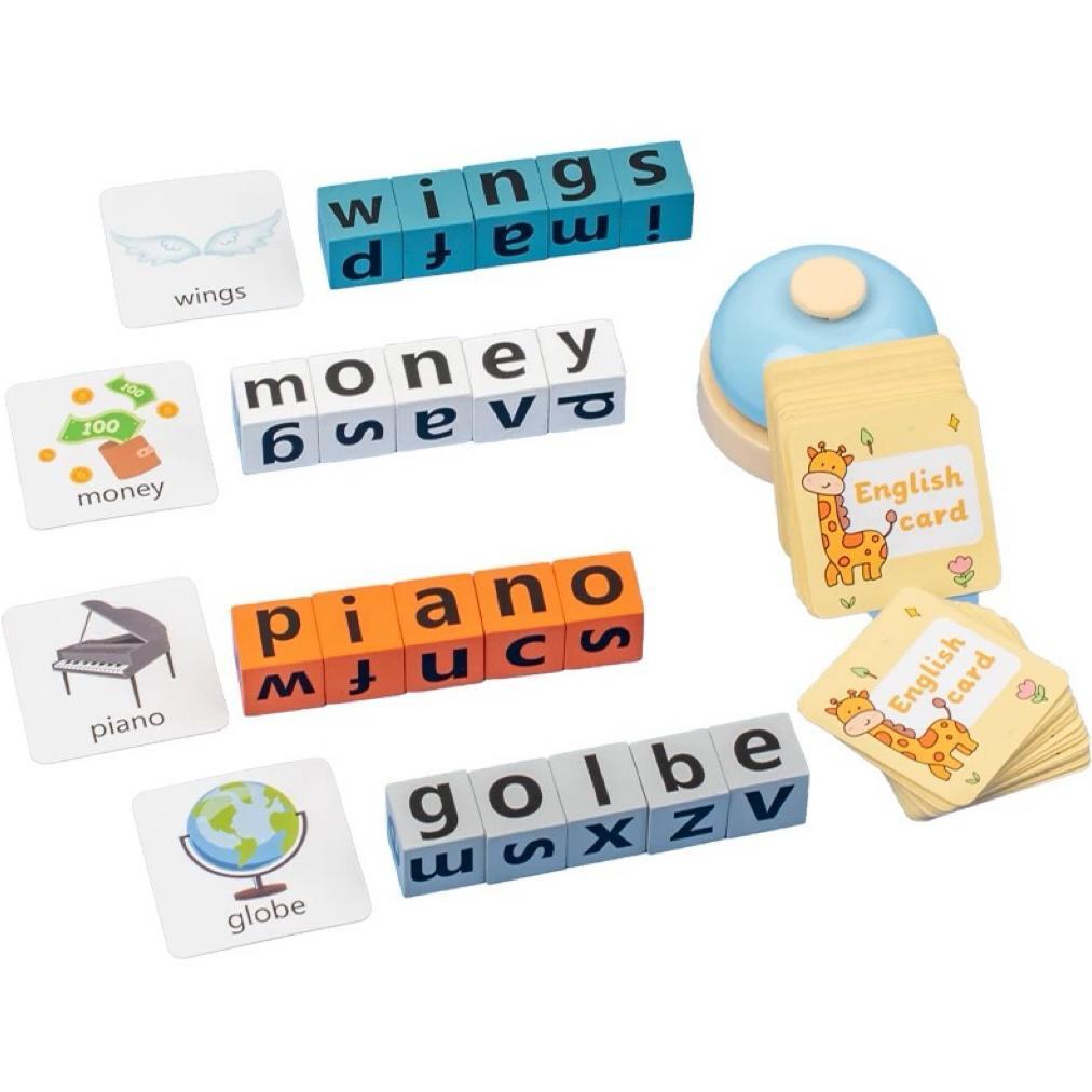 Jual wooden words spelling game with flash card family game alphabeth ...