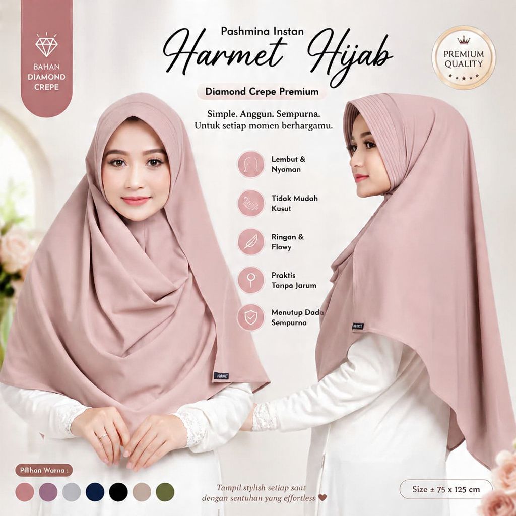 JILBAB PASMINA INSTAN PAD ANTEM SATU LUBANG  UKURAN 210 X 75CM