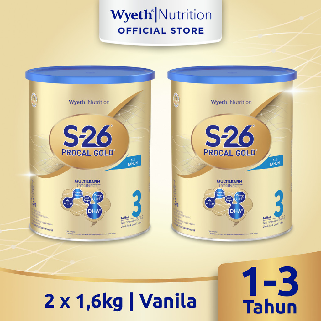 S-26 Procal 3 GOLD Vanila Susu Formula Pertumbuhan Anak Usia 1-3 Tahun, Kaleng 1600gr x 2 Pcs Dukung Proses Belajar Cepat Anak**