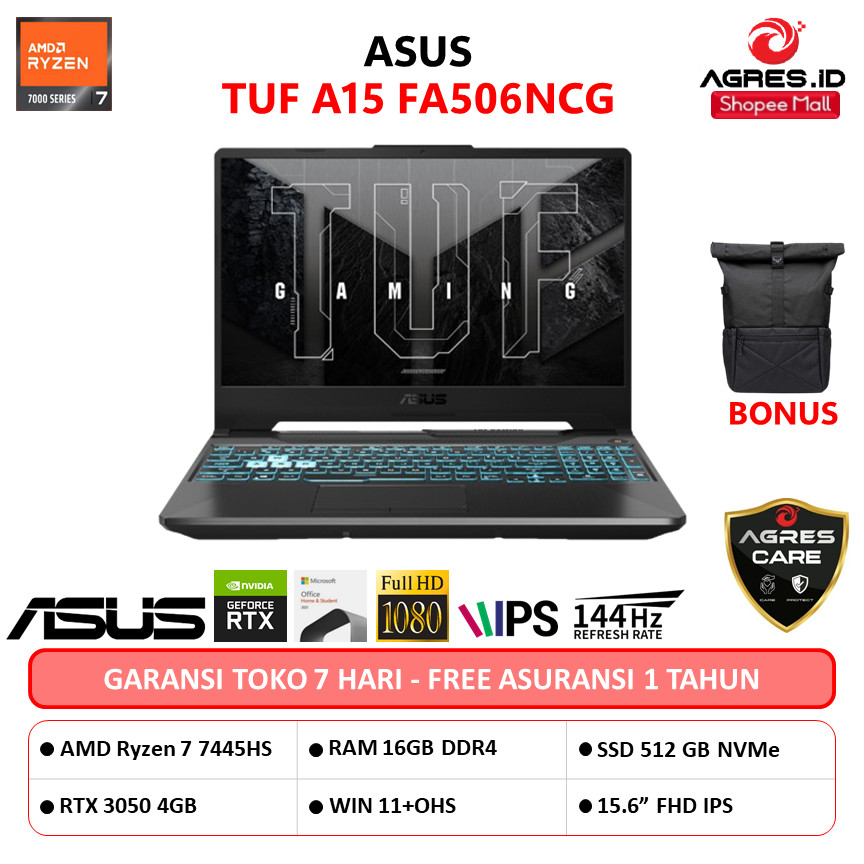 ASUS TUF A15 FA506NCG RYZEN 7 7445HS RTX3050 4GB/ 16GB 512GB W11+OHS+M365B 15.6"FHD IPS Black