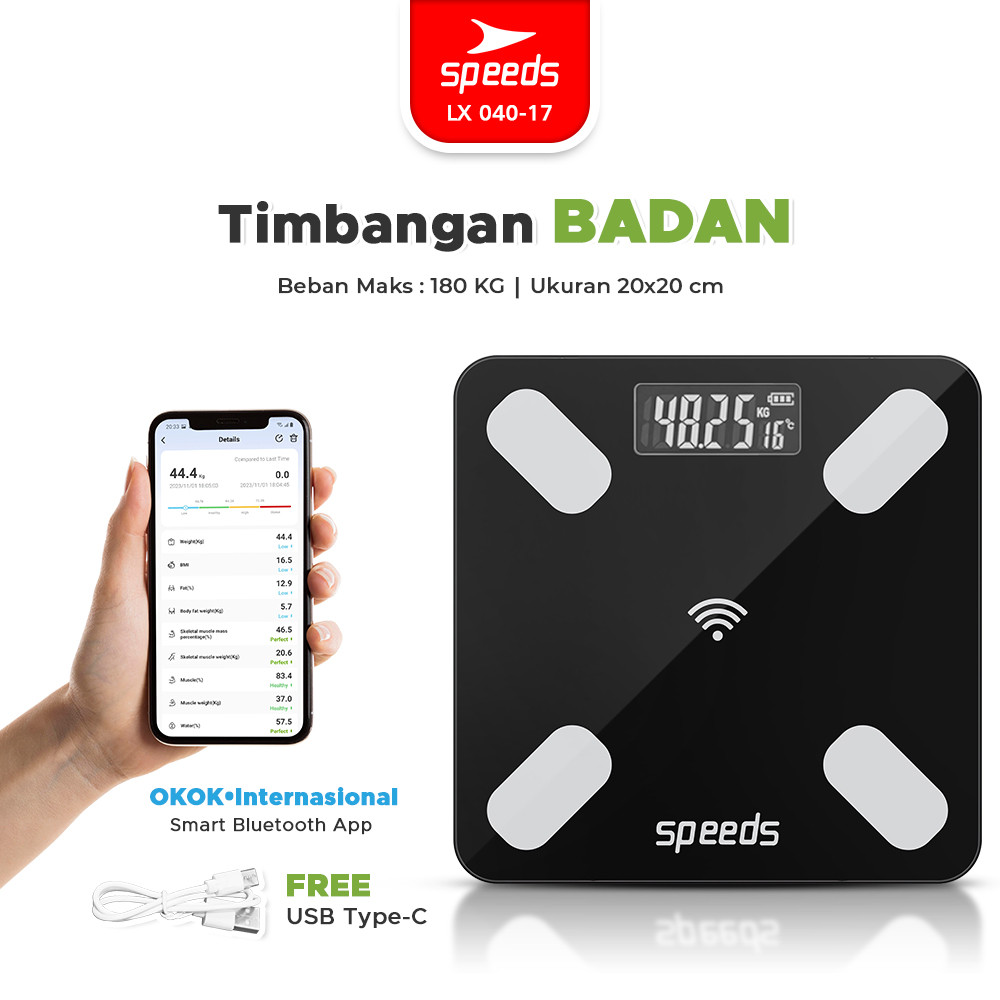 SPEEDS Timbangan Badan Lemak Bluetooth Kapasitas 180Kg Analisis Lemak Tubuh  Aplikasi Pengukur Lemak 040-17