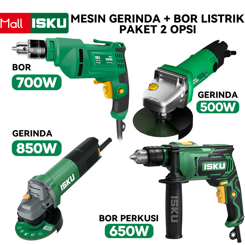 ISKU Paket Pilihan Bor & Gerinda Mesin Gerinda 500W 850W 11000 RPM Alat Pemotong Poles &Mesin Bor Listrik 10mm 700W Bolak Balik Variable Speed Impact Drill 13mm Mesin Bor Tembok Beton Besi Kayu Baja Ringan Motor Tembaga Perkakas Tukang