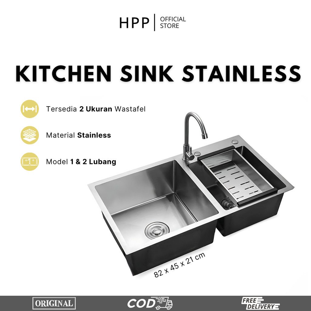 HPP Kitchen Sink Wastafel Stainless Steel Paket Lengkap - Bak Cuci Piring Tanam 1 Lubang - Set Sink 2 Lubang