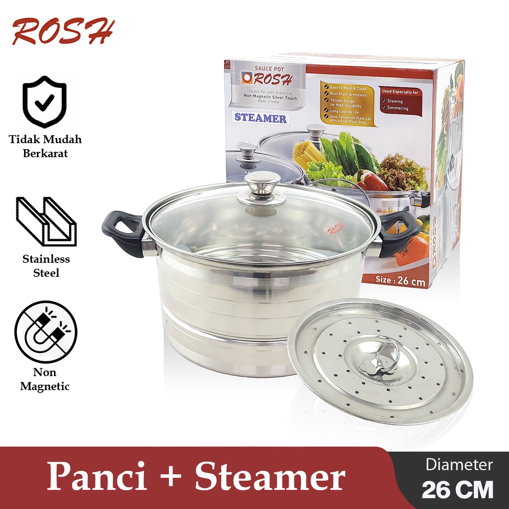 Jual ROSH Panci Masak Stainless Steel Dengan Steamer Sauce Pot Non ...