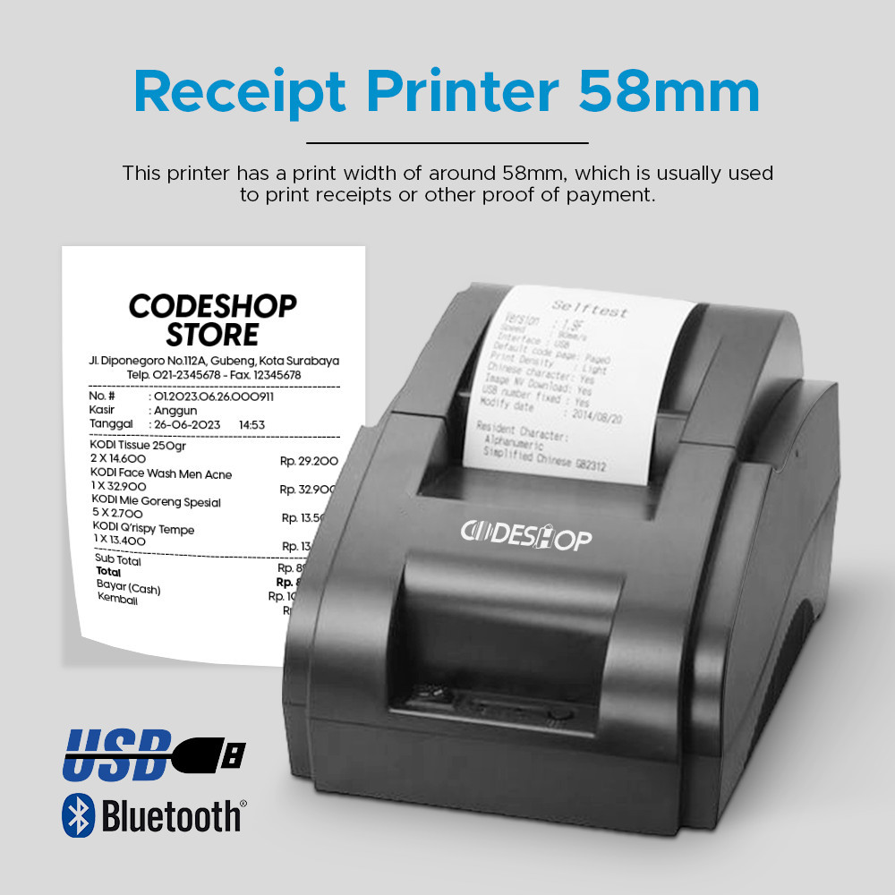 Codeshop CBT-58i Printer Thermal Kasir 58mm USB Bluetooth RJ-11