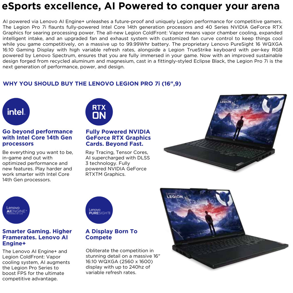 Lenovo Legion Pro 7i 16IRX9H 1BID Intel Core i9 14900HX Win11 32GB 2TB SSD  NVIDIA RTX 4080 12GB 16