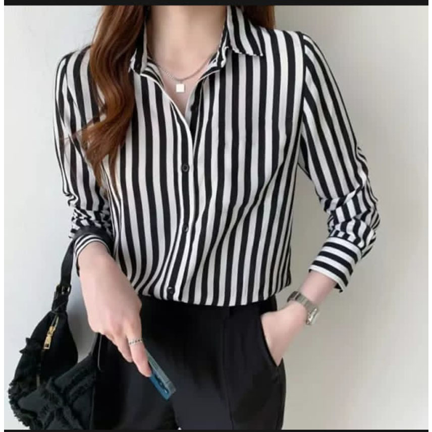 Jual Kemeja Wanita Garis Salur Hitam Putih Lengan Panjang Basic Korean