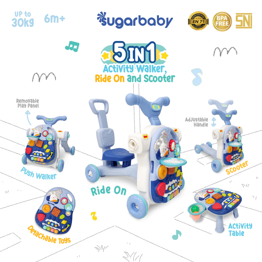 Sugarbaby 5in1 Activity Walker, Ride-On and Scooter/Push walker/Activity walker/Baby walker (BIRU)