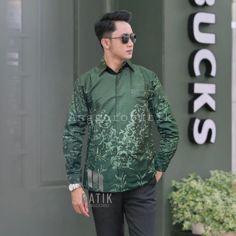 Jual Hem Atasan Kemaja Baju Batik Pria Lengan Panjang Warna Hijau Army