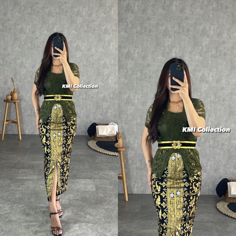 Jual Kebaya Bali Set Brukat Hijau Army Lengan Pendek | Shopee Indonesia