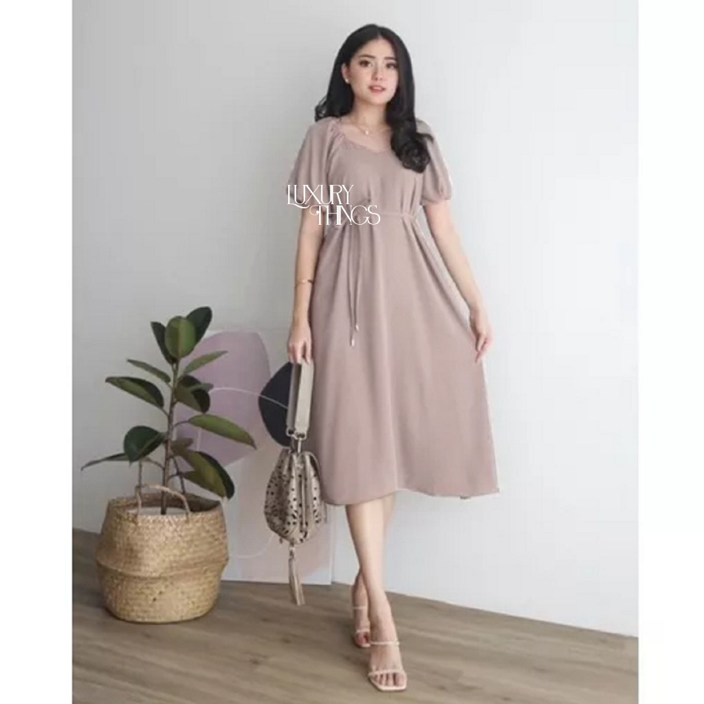 midi dress korean sabrina kasual Jual Dress Korean Style Midi Busui Fredly Sabrina Kasual Baju Wanita Polos  Full Kancing Tali Samping
