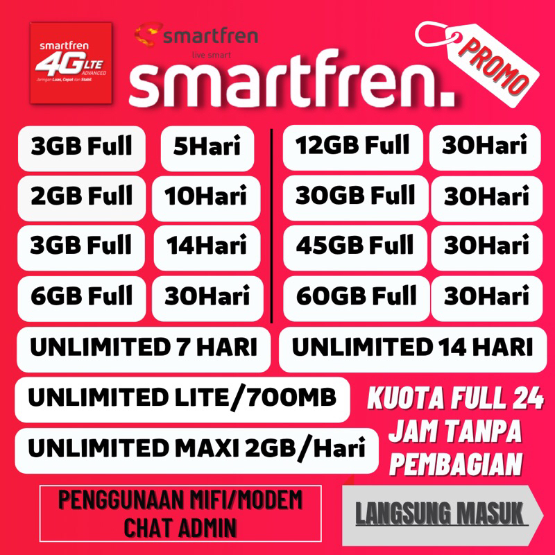 Jual PAKET DATA KUOTA SMARTFREN UNLIMITED NONSTOP KUOTA FULL 24 JAM ...