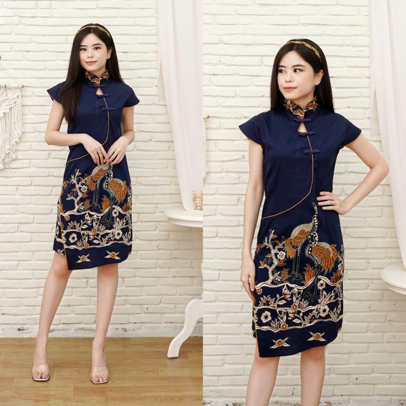 Jual dress batik qb101 navy | Shopee Indonesia