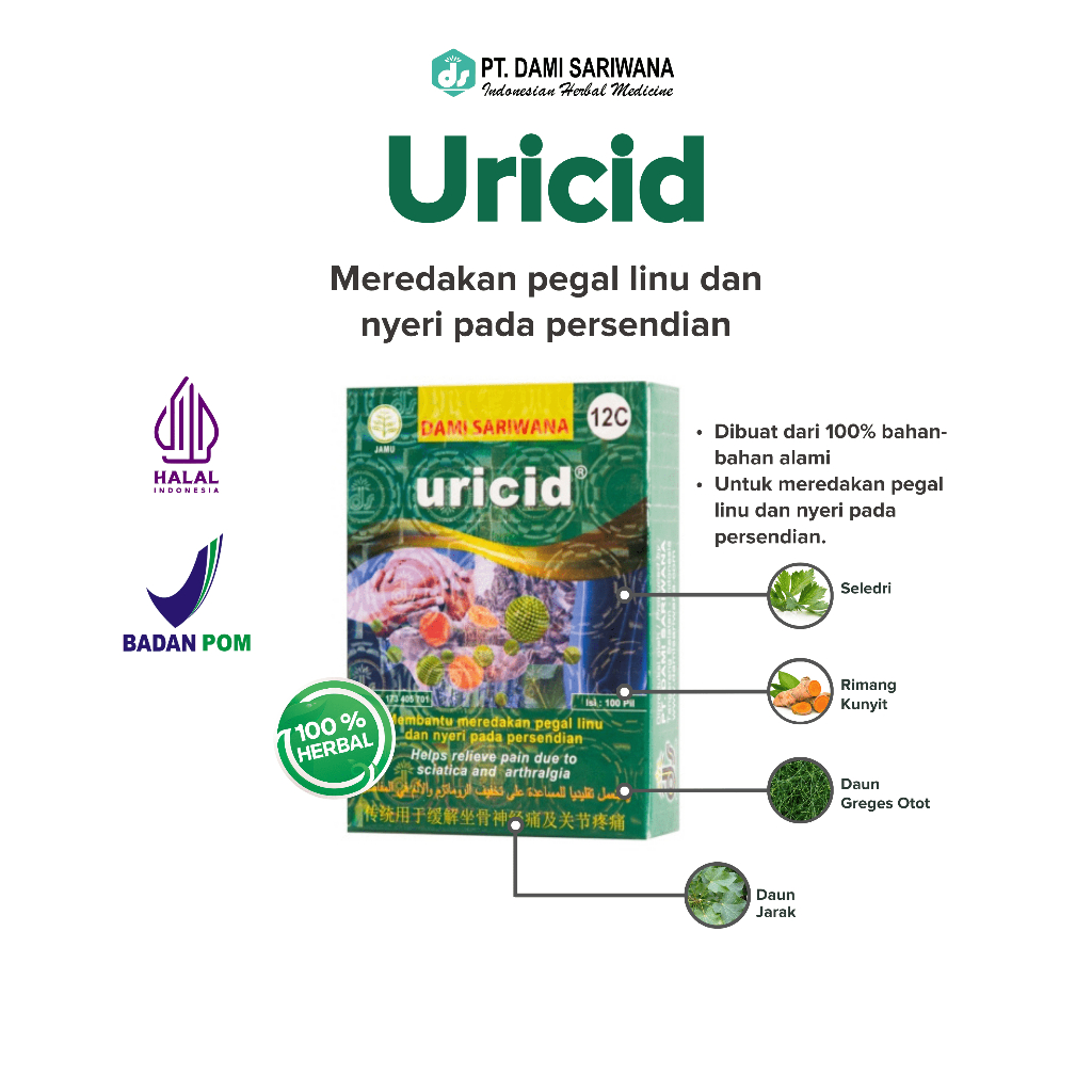 Jual Jamu Herbal URICID 100 Pil Mengatasi Asam Urat Pegal Linu dan