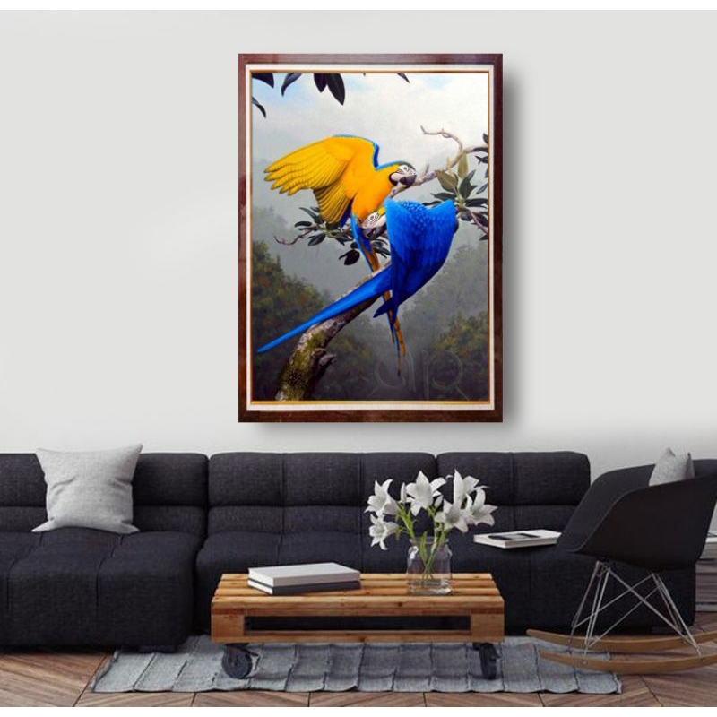 Jual Lukisan burung macaw scarlet macaw biru berkualitas realis + frame ...