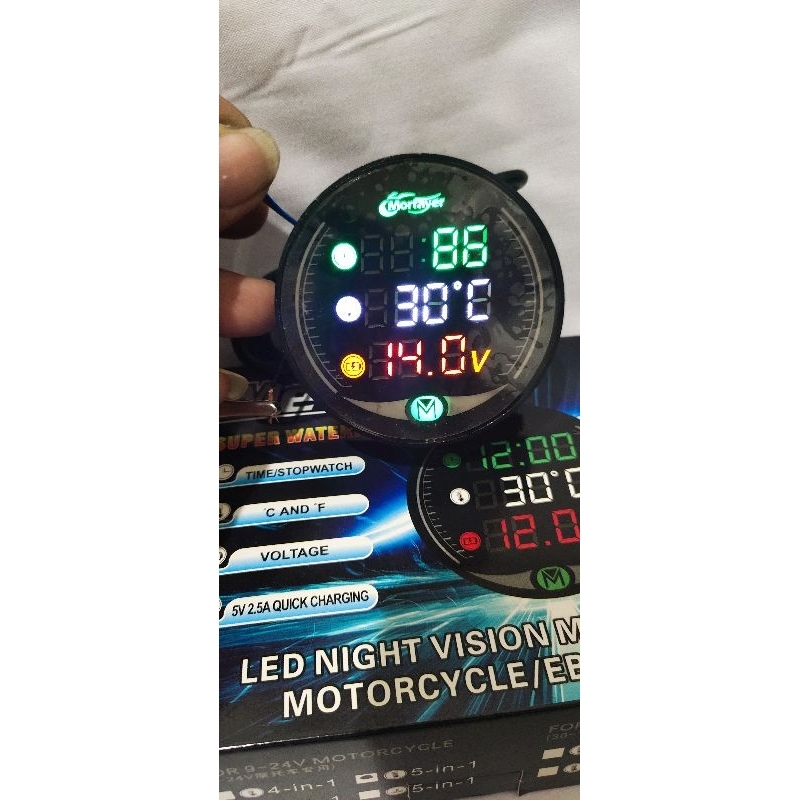 Jual Volt Meter Bulat Digital LED 5 in 1 + USB Changer Universal / Alat