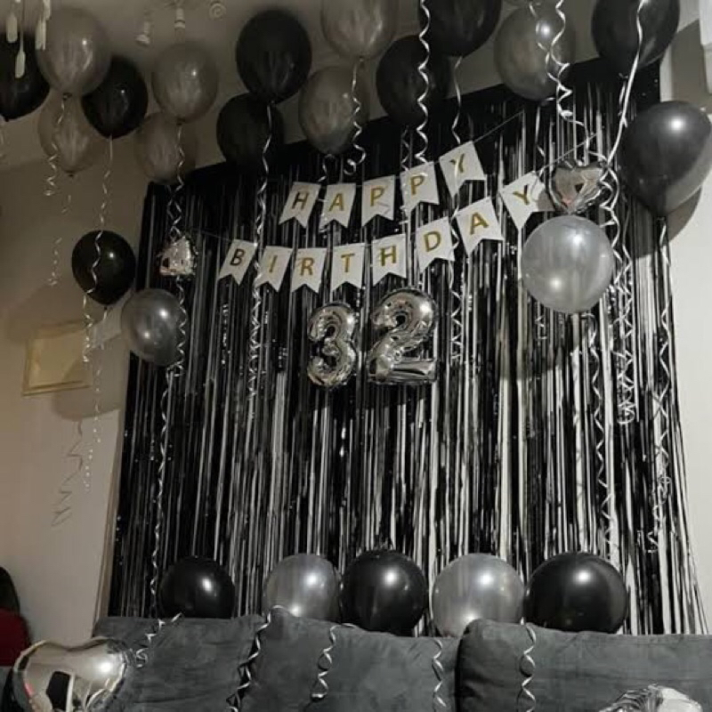 Jual Paket Dekorasi Ulang Tahun Kode 30 Paket Birthday Balon Tirai Banner Warna Hitam Silver