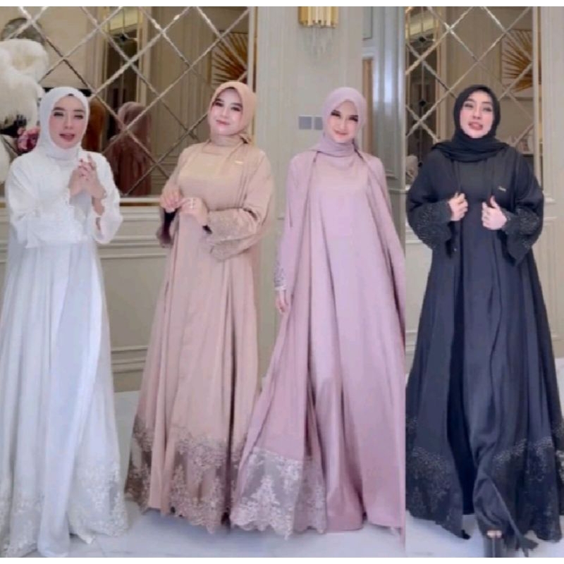 Jual gamis outer abaya renda Shella saukia | Shopee Indonesia