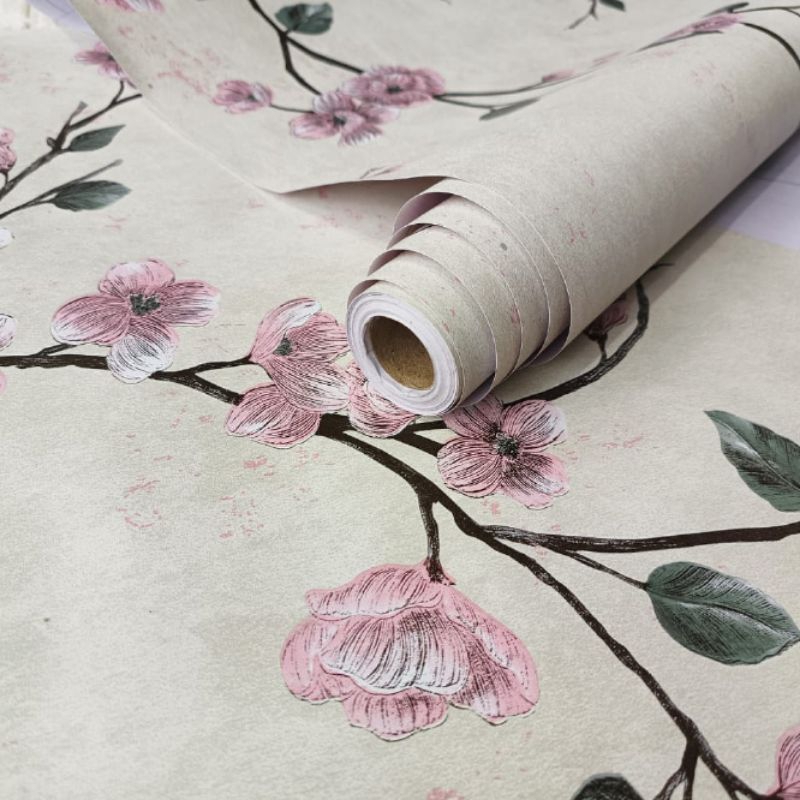Jual Wallpaper Sticker Dinding Motif Bunga Sakura Dasar Putih Gading