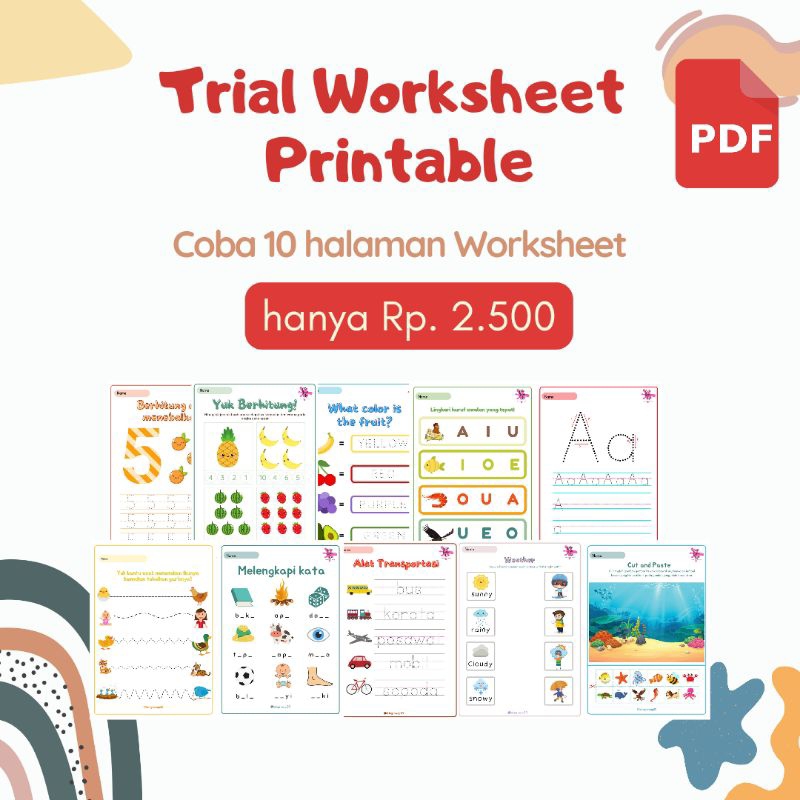 Jual Printable Worksheet (File Digital PDF) untuk anak PAUD TK - Lembar
