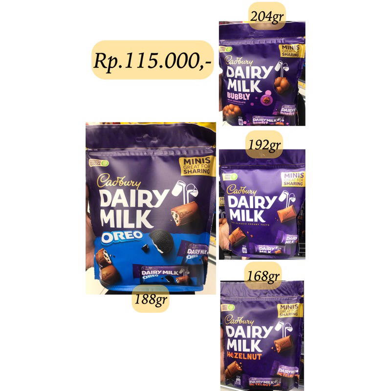 Jual Cadbury Dairy Milk Minis Oreo 188gr Cadbury Dairy Milk Minis Bubbly 204gr Cadbury Dairy