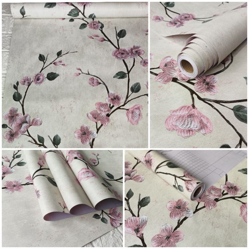 Jual Wallpaper Sticker Dinding Bunga Sakura Pink Dasar Putih Gading