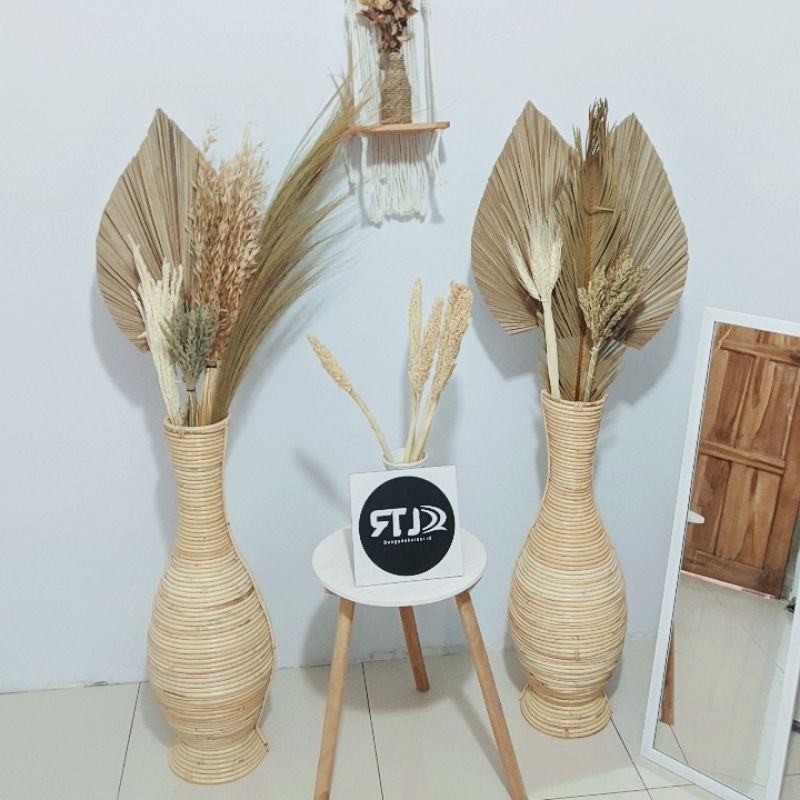 Jual Satu Set Bunga Kering Dan Vas Rotan 70cm Daun Palem Paket Bunga