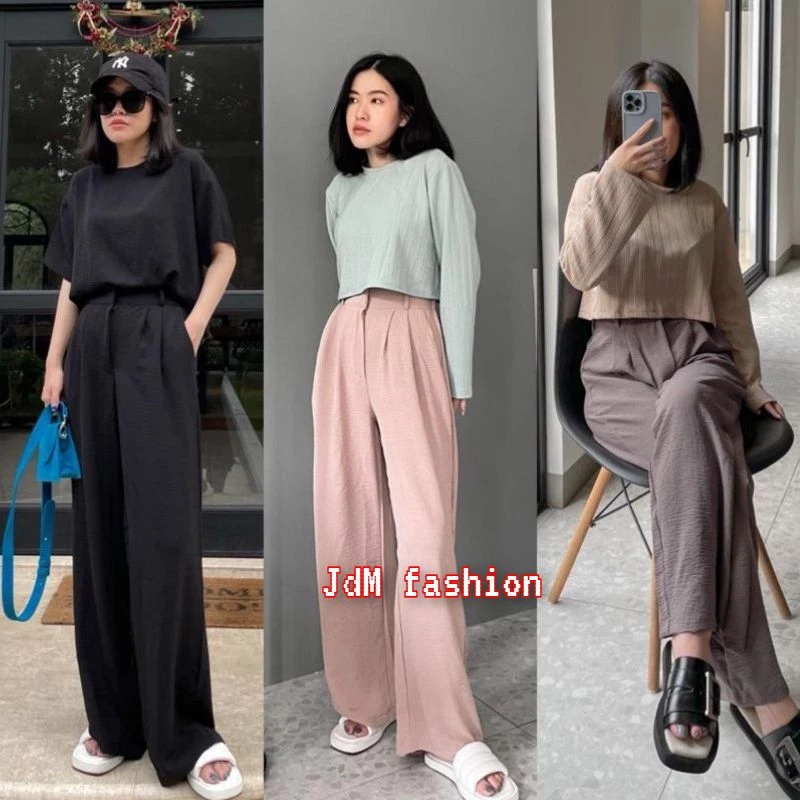 Celana Kulot Crinkle Highwaist Wanita Loose Mewah