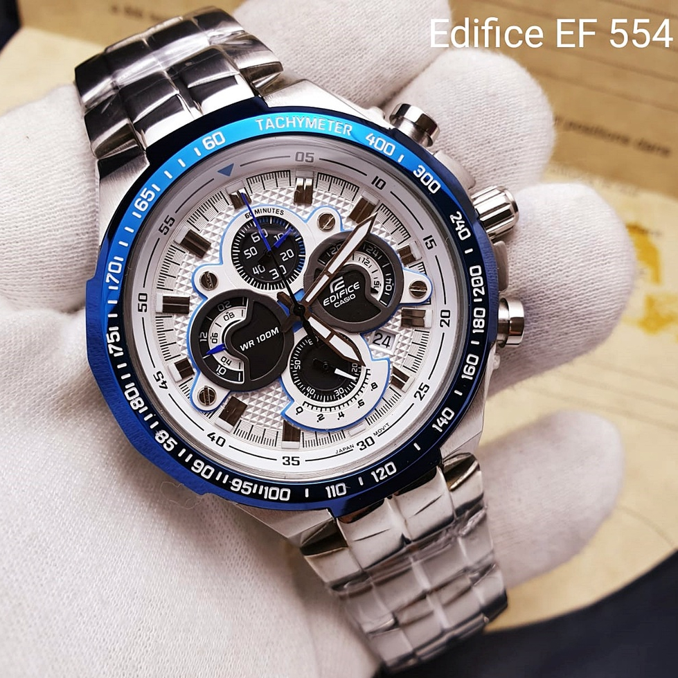 Jual Jam Tangan Pria Casio EDIFICE EF 554D 7A EF 554 Chronograph White Dial Blue Silver Steel Shopee Indonesia