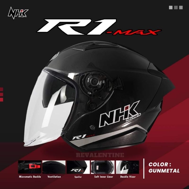 Jual NHK R1 MAX GUNMETALIK GLOSSY ORIGINAL | DOUBLE VISOR | Helm Half ...