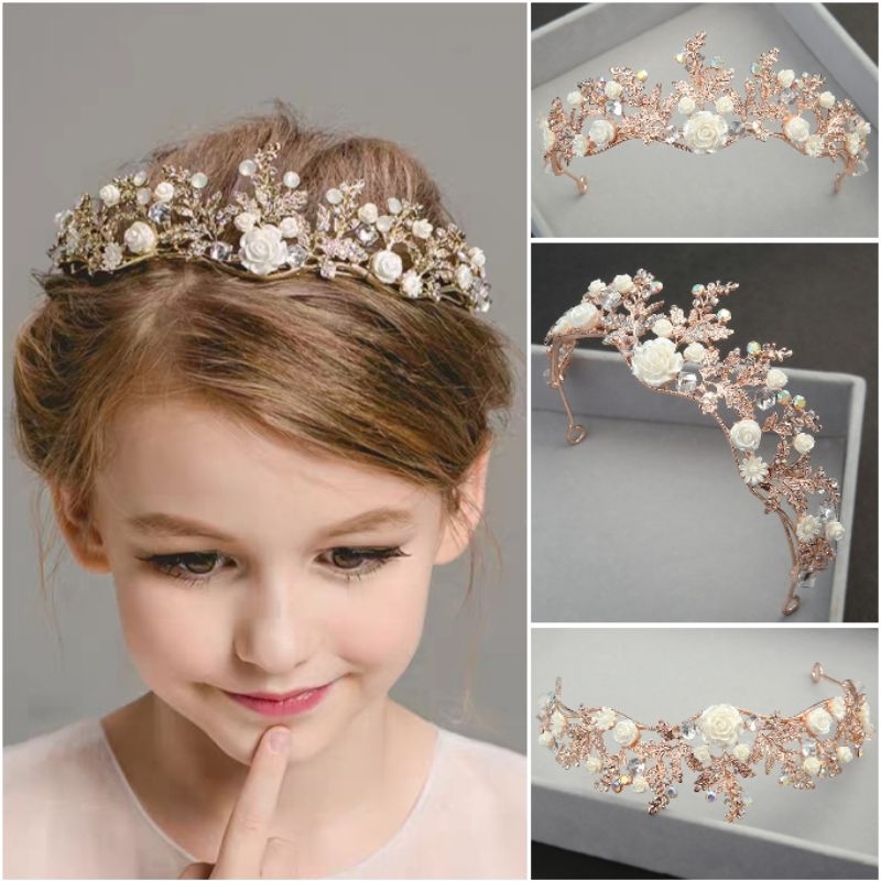 Jual Gold White Flowers Crown Mahkota Pengantin Tiara Bridal Crown