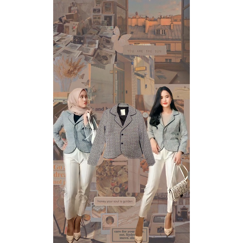 Korean Tweed Fabrics Over-sized Blazer with Contrast Textured Border Design