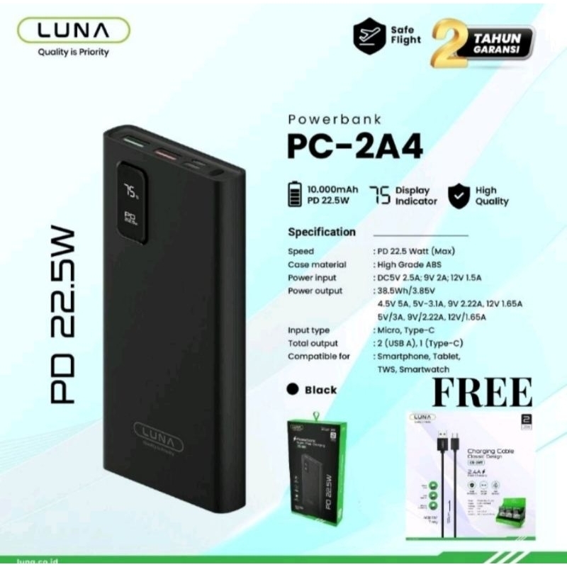 Jual POWER BANK LUNA MODEL PCP 2A4 PD 22,5 W FREE KABEL DATA LUNA CB 2