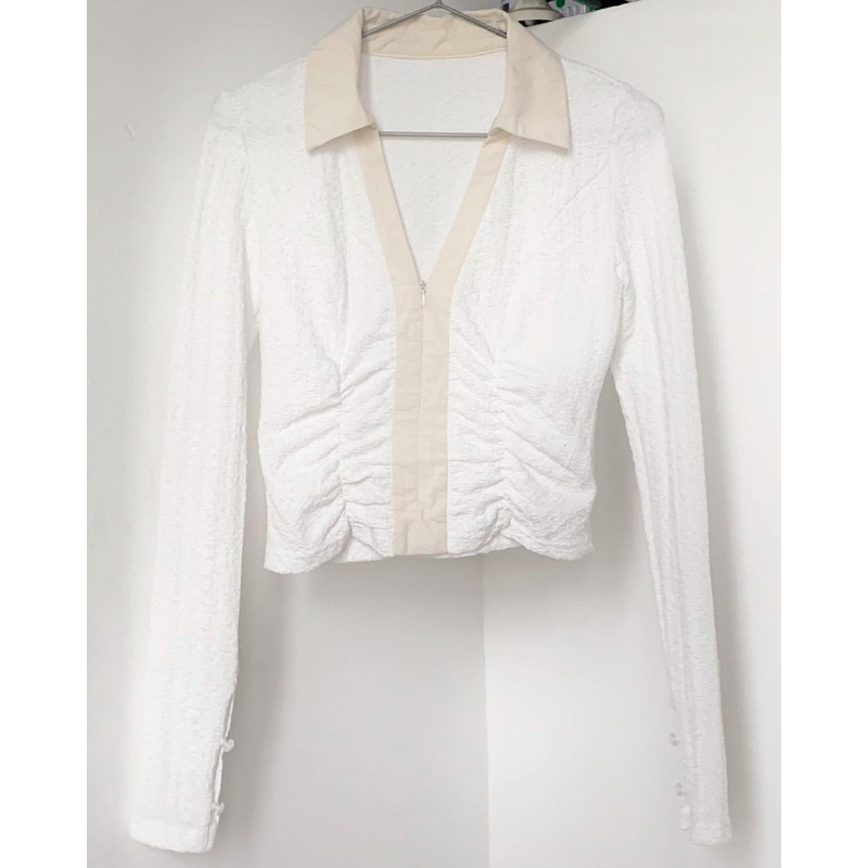 White Retro Zipper Stand Collar Long Sleeve Top