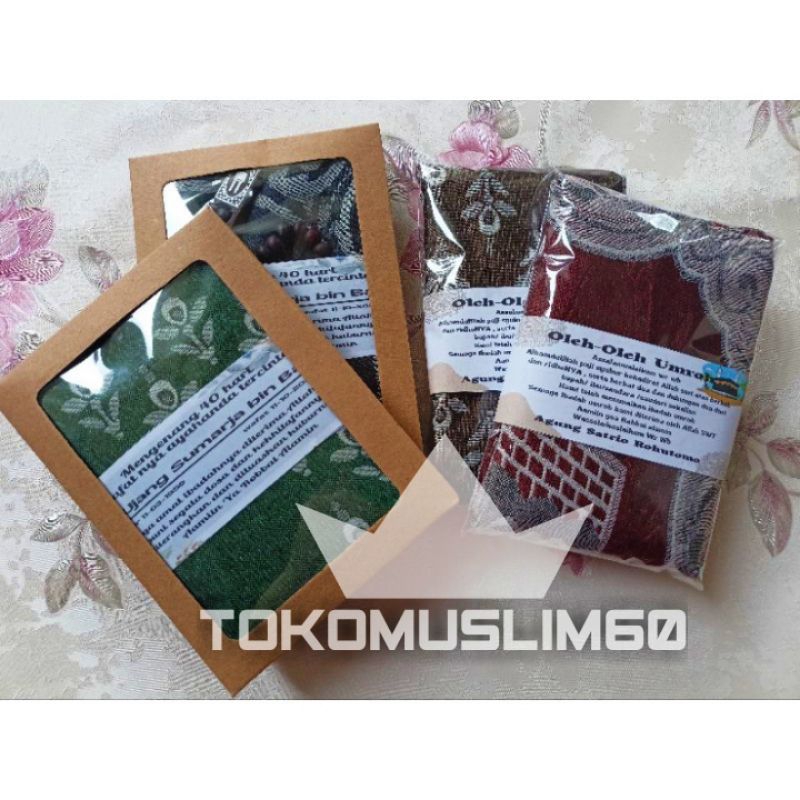 Jual Souvenir Sajadah Tasbih Dewasa Kemas Box Coklat Mika Free Kartu Ucapan Souvenir Umroh Haji