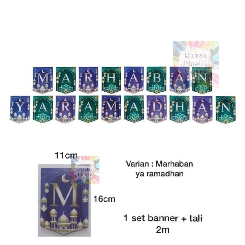 Jual flag banner MARHABAN YA RAMADHAN UNGU HIJAU kertas gantung hiasan